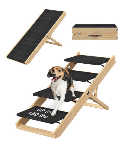 4 Tiers Wooden Dog Stairs Adjustable Wooden Dog Steps with Handle Foldable Dog Ramp for Bed Couch Car (Black)